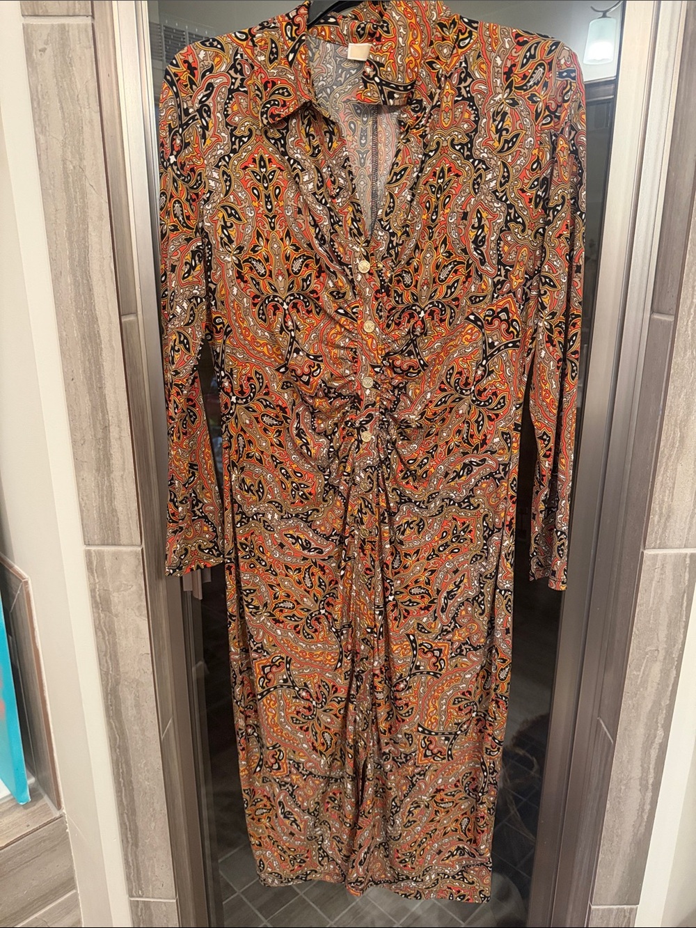 Michael Kors Long Sleeve Ruched Paisley Dress in Rust and Black